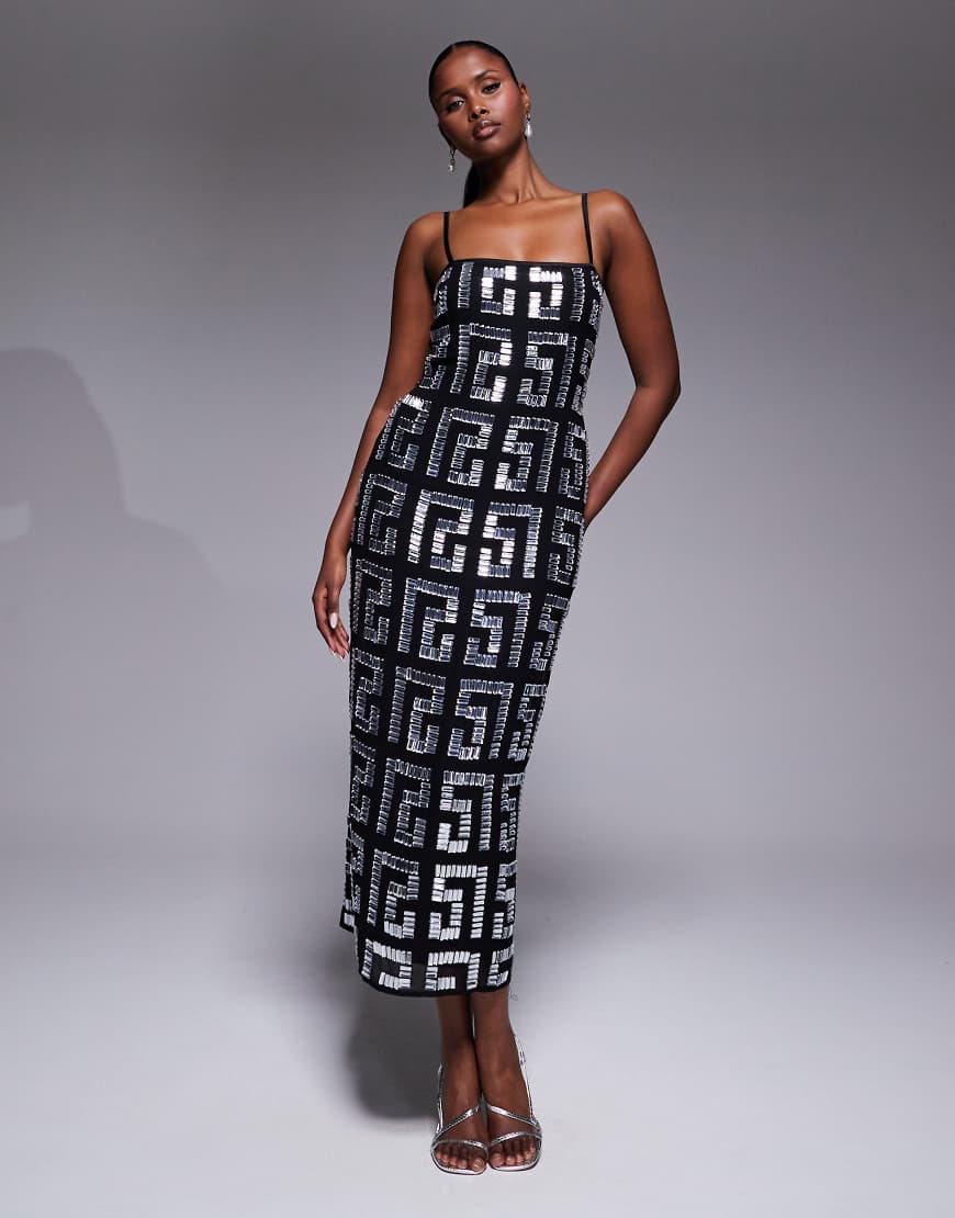 ASOS DESIGN - Verziertes Midikleid in Schwarz mit geradem Schnitt von ASOS DESIGN