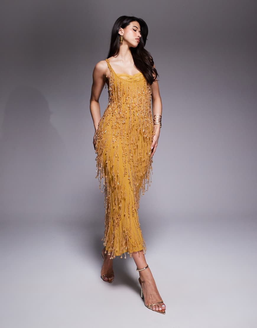 ASOS DESIGN - Verziertes Midikleid in Senfgelb mit transparentem Spitzenfutter von ASOS DESIGN