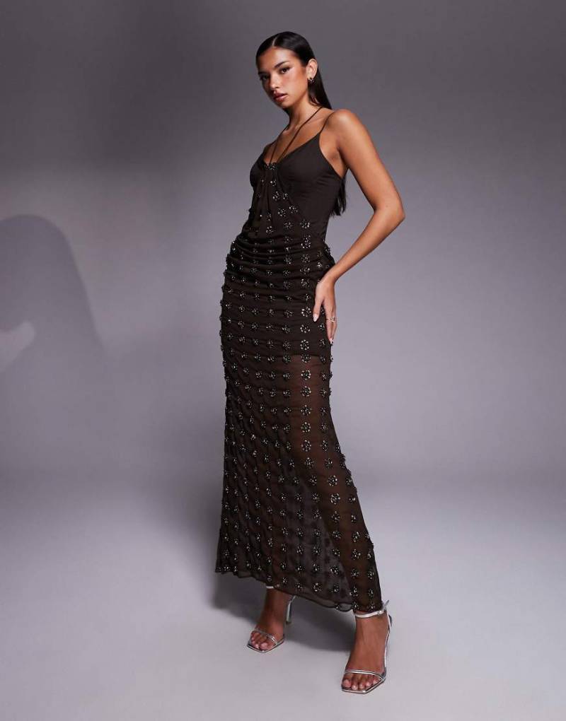 ASOS DESIGN - Verziertes konturiertes Midikleid in Schokobraun mit drapiertem Rockdetail-Brown von ASOS DESIGN