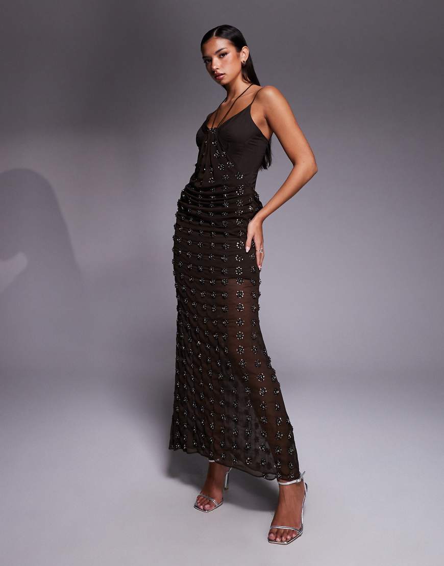 ASOS DESIGN - Verziertes konturiertes Midikleid in Schokobraun mit drapiertem Rockdetail-Brown von ASOS DESIGN