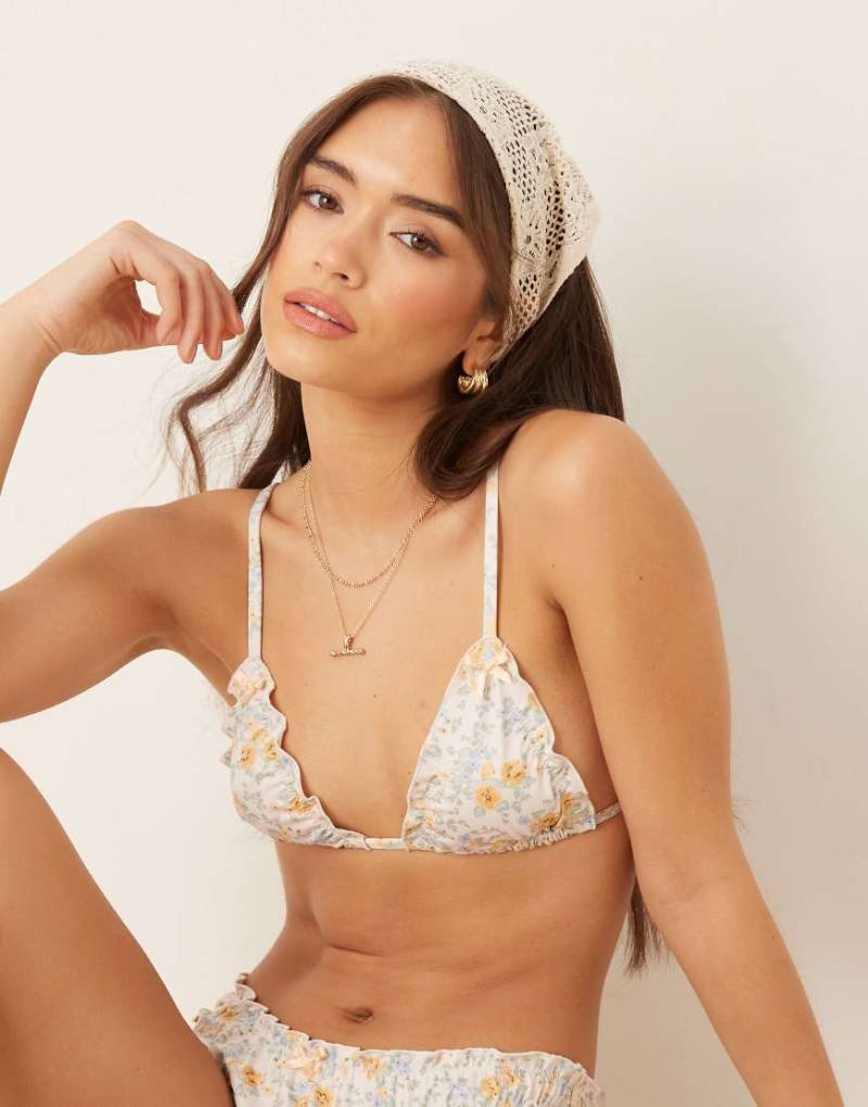 ASOS DESIGN - Vintage - Triangel-Bikinioberteil mit Blumenmuster und gekräuseltem Rand-Bunt von ASOS DESIGN