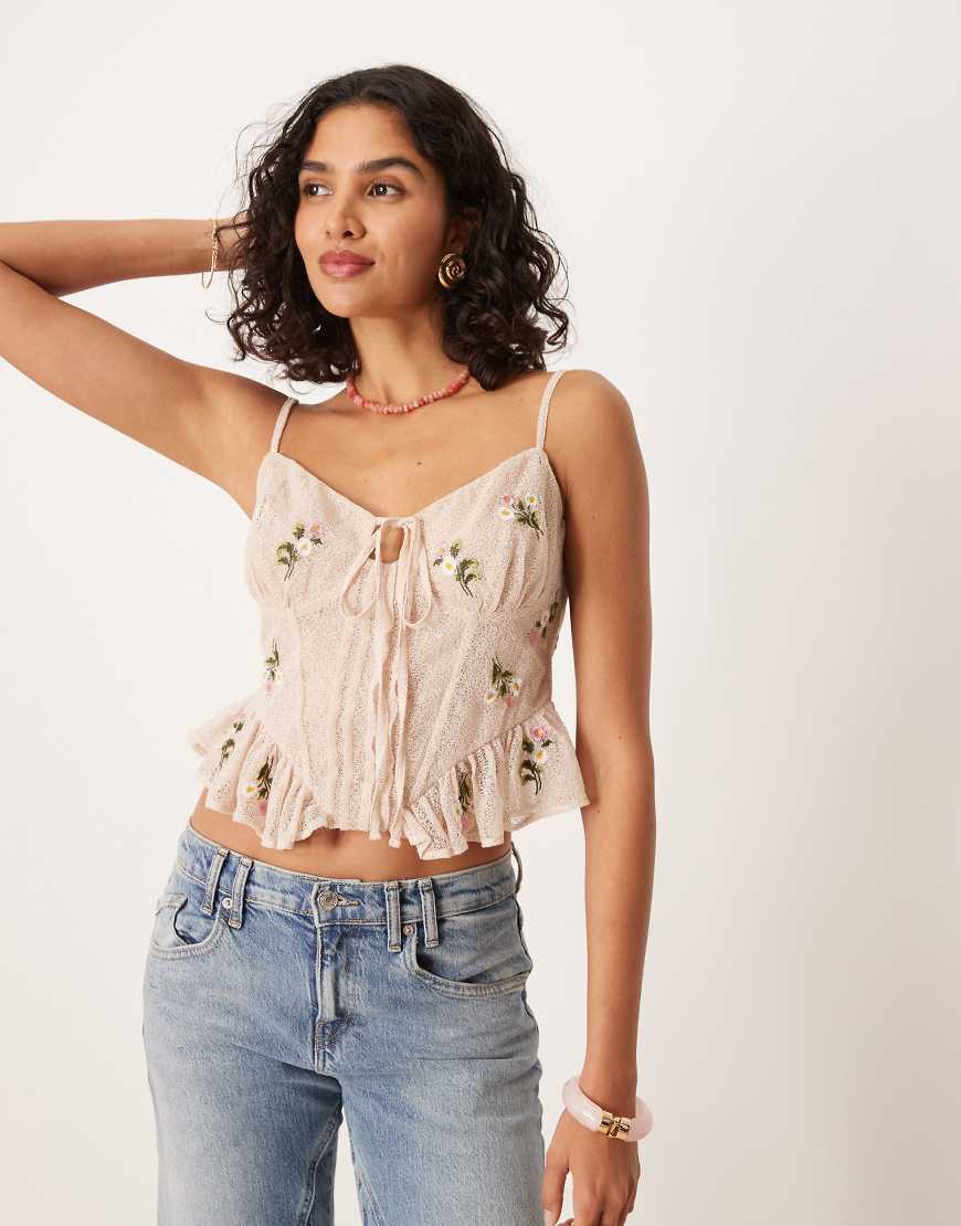 ASOS DESIGN - Vorne gebundenes Korsett-Oberteil in Sandbeige mit Stickerei-Neutral ASOS DESIGN - Vorne gebundenes Korsett-Oberteil in Sandbeige mit Stickerei-Neutral von ASOS DESIGN