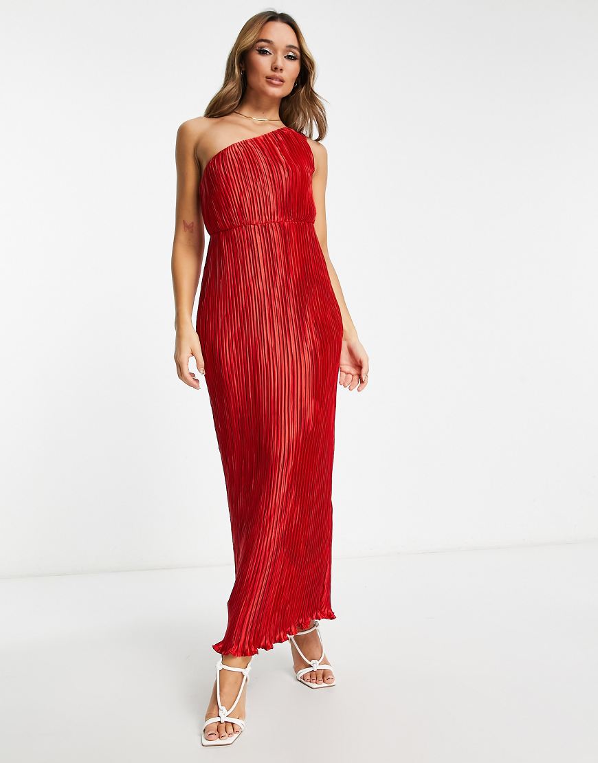 ASOS DESIGN - Wadenlanges Satin-Kleid in Rot mit One-Shoulder-Träger und Faltendetails ASOS DESIGN - Wadenlanges Satin-Kleid in Rot mit One-Shoulder-Träger und Faltendetails von ASOS DESIGN