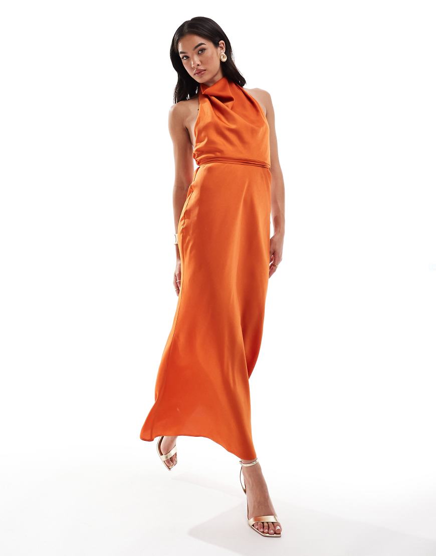 ASOS DESIGN - Wadenlanges Satinkleid in Dunkel-Orange mit Wasserfallausschnitt und Taillenschnürung ASOS DESIGN - Wadenlanges Satinkleid in Dunkel-Orange mit Wasserfallausschnitt und Taillenschnürung von ASOS DESIGN