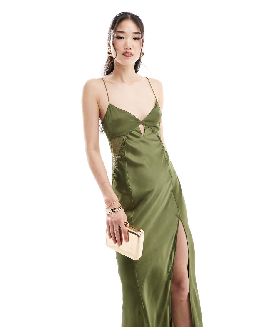 ASOS DESIGN - Wadenlanges Satinkleid in Khaki mit Spitzeneinsatz und Schlüssellochausschnitt-Grau ASOS DESIGN - Wadenlanges Satinkleid in Khaki mit Spitzeneinsatz und Schlüssellochausschnitt-Grau von ASOS DESIGN