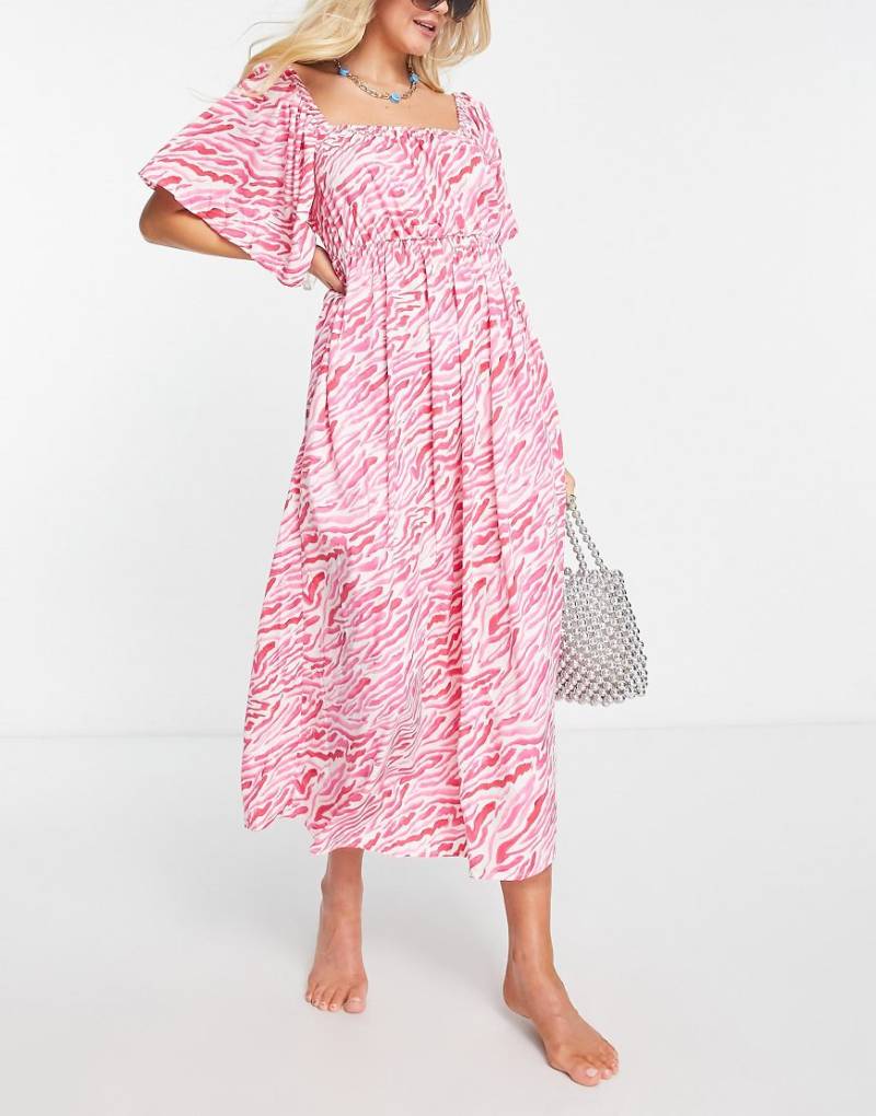 ASOS DESIGN - Wadenlanges Strandkleid mit Flatterärmeln und rosa Zebramuster-Bunt von ASOS DESIGN