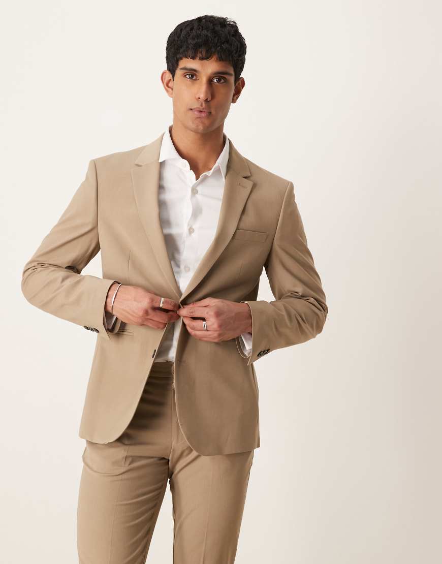 ASOS DESIGN - Waschbare Slim-Fit-Anzugjacke in Beige mit leichter Kammwolle-Neutral von ASOS DESIGN