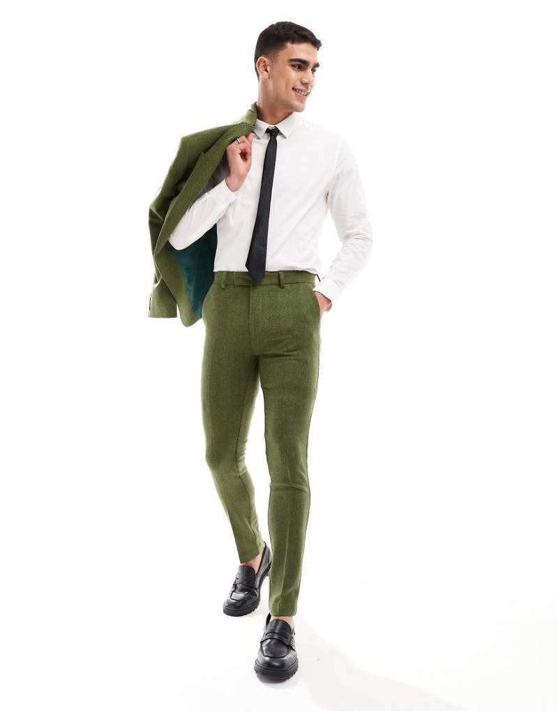 ASOS DESIGN Wedding - Eng geschnittene Anzughose mit khaki Fischgrätmuster-Grün von ASOS DESIGN