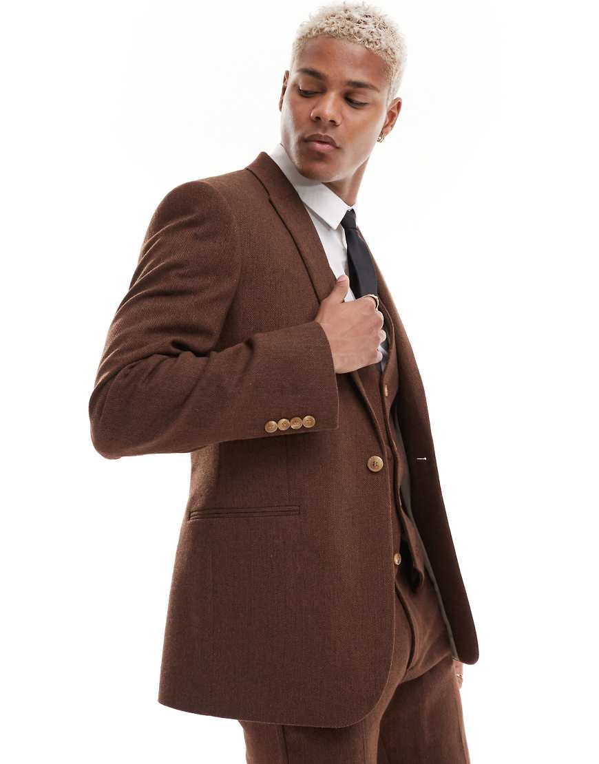 ASOS DESIGN Wedding - Eng geschnittene Anzugjacke in Braun aus Wollmischung mit Flechtmuster von ASOS DESIGN