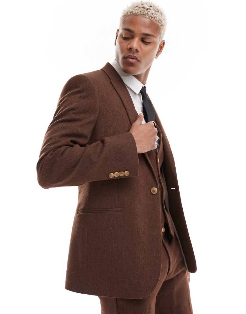 ASOS DESIGN Wedding - Eng geschnittene Anzugjacke in Braun aus Wollmischung mit Flechtmuster von ASOS DESIGN