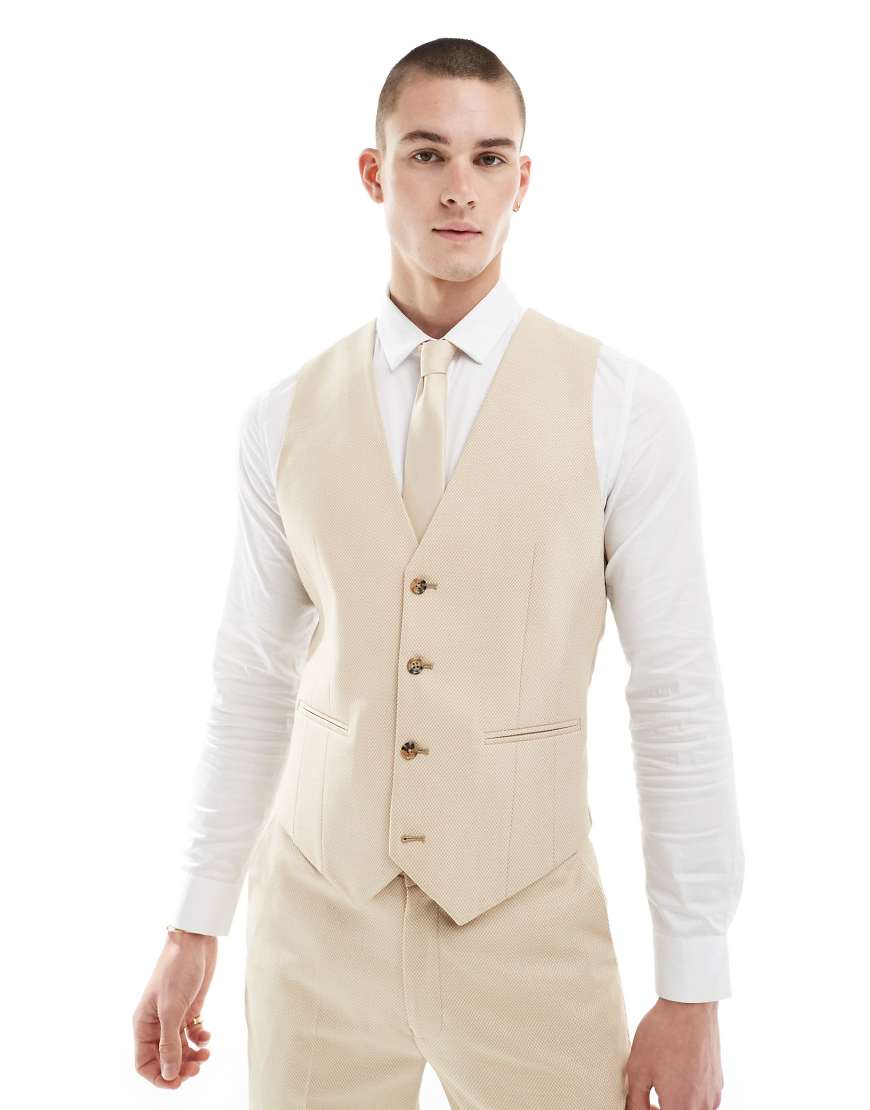 ASOS DESIGN Wedding - Schmal geschnittene Anzug-Weste in Camel mit Mikro-Struktur-Neutral von ASOS DESIGN