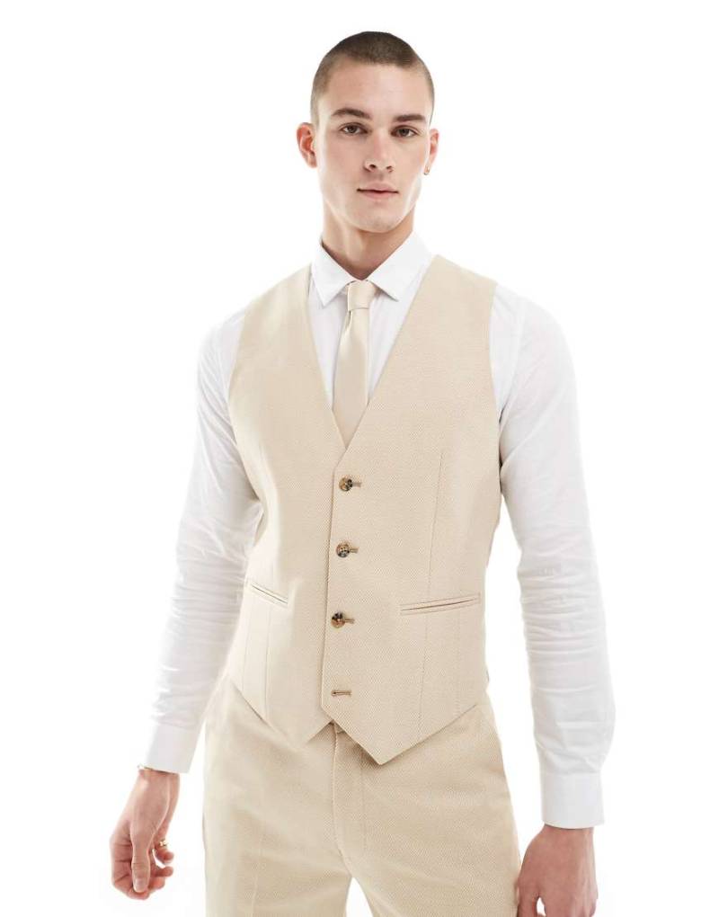 ASOS DESIGN Wedding - Schmal geschnittene Anzug-Weste in Camel mit Mikro-Struktur-Neutral von ASOS DESIGN