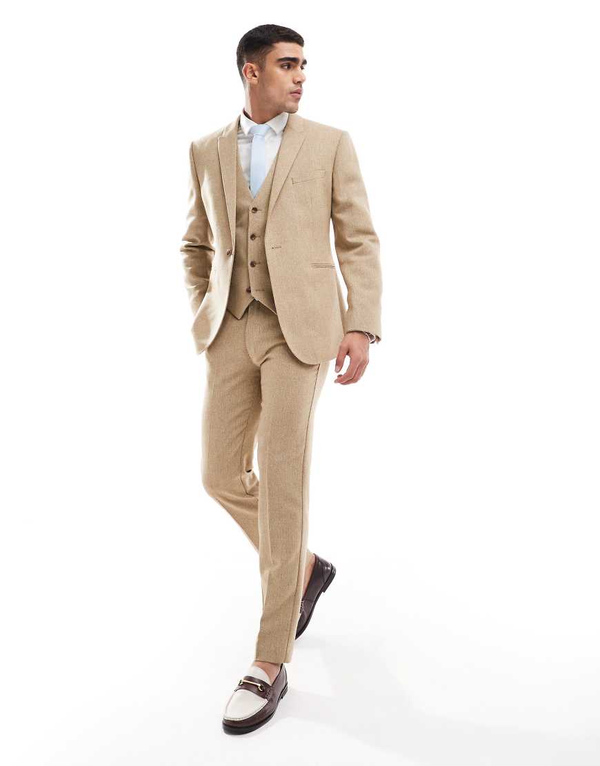 ASOS DESIGN Wedding - Schmal geschnittene Anzughose aus Wollmix in Beige mit strukturierter Panamabindung-Neutral von ASOS DESIGN