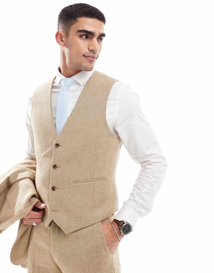 ASOS DESIGN Wedding - Schmal geschnittene Anzugjacke aus Wollmix in strukturierter Panamabindung-Neutral von ASOS DESIGN