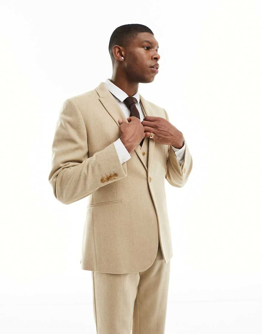 ASOS DESIGN Wedding - Schmal geschnittene Anzugjacke in Beige aus Wollmischung mit Flechtmuster-Neutral von ASOS DESIGN