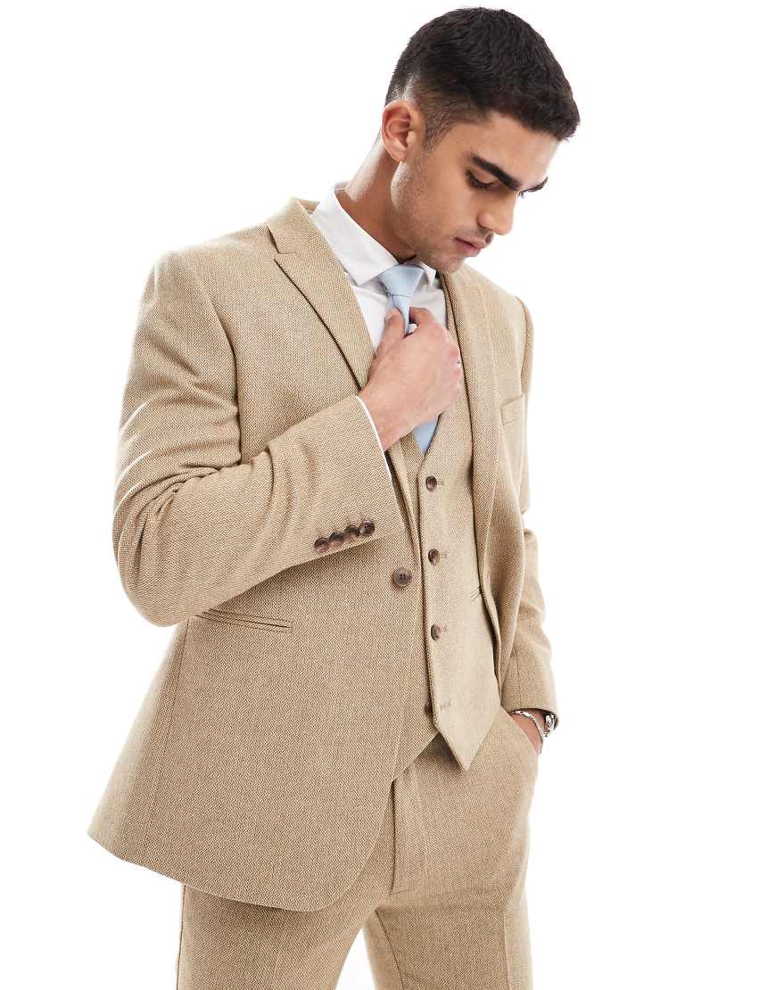 ASOS DESIGN Wedding - Schmal geschnittene Anzugjacke in Beige aus Wollmischung mit Flechtmuster-Neutral von ASOS DESIGN
