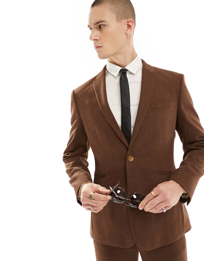 ASOS DESIGN Wedding - Schmal geschnittene Anzugjacke in Braun aus Wollmischung mit Flechtmuster ASOS DESIGN Wedding - Schmal geschnittene Anzugjacke in Braun aus Wollmischung mit Flechtmuster von ASOS DESIGN
