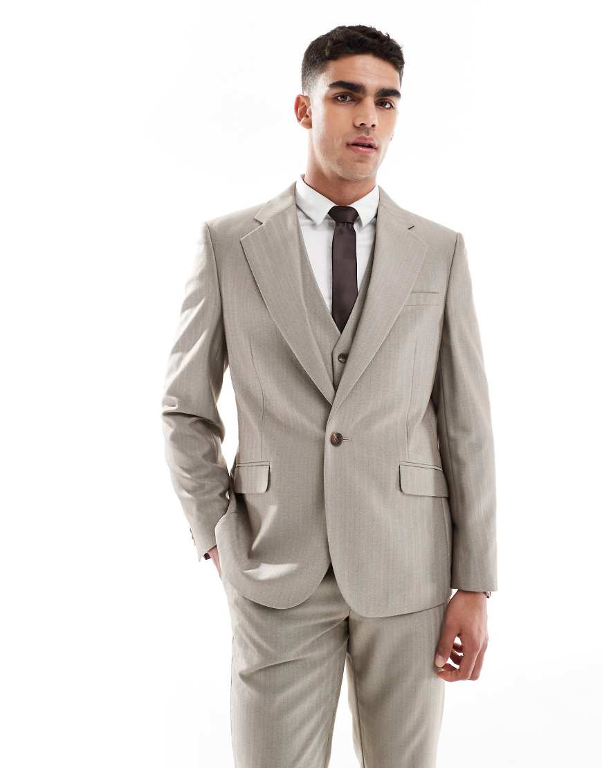 ASOS DESIGN Wedding - Slim-Fit-Anzugjacke in Braun aus Wollmix mit Fischgrätmuster von ASOS DESIGN
