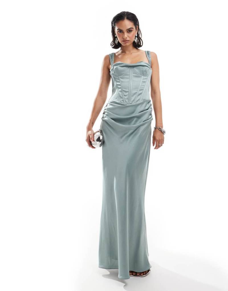 ASOS DESIGN - Weiches, geblümtes Satin-Maxikleid in Meergrün mit Korsettdetail, Drapierung und Rückenschnürung von ASOS DESIGN