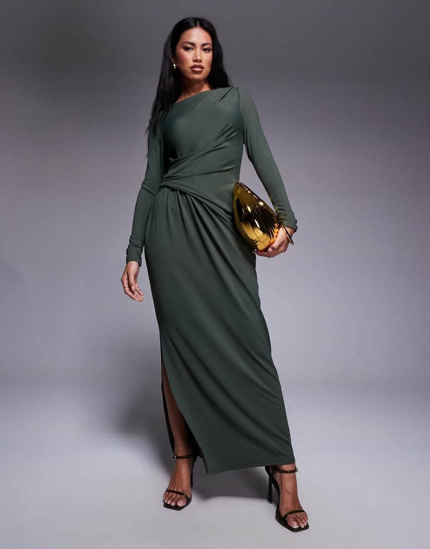 ASOS DESIGN - Weiches, langärmliges Maxikleid in Khaki mit Drapierung-Rot von ASOS DESIGN