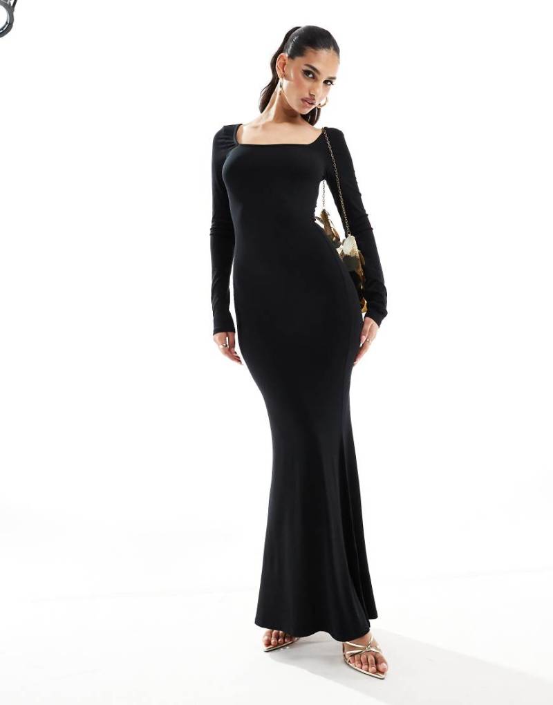 ASOS DESIGN - Weiches, langärmliges Maxikleid in Schwarz mit eckigem Ausschnitt von ASOS DESIGN