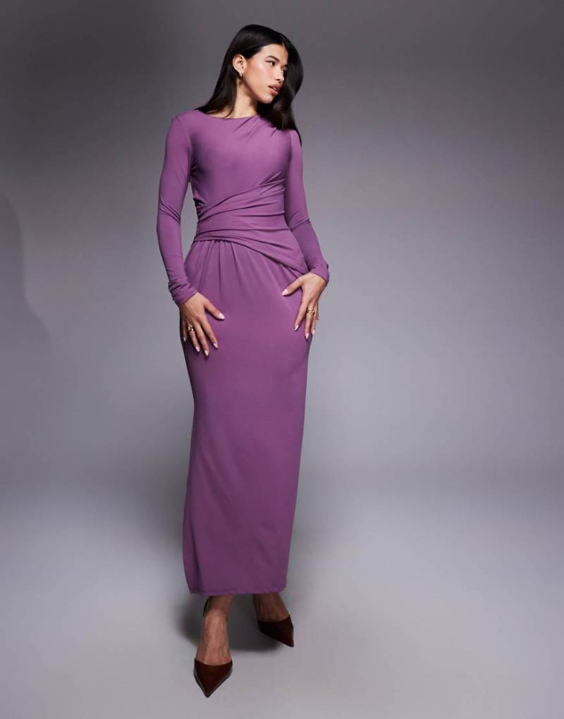 ASOS DESIGN - Weiches, langärmliges Maxikleid in Traube mit Drapierung-Lila von ASOS DESIGN