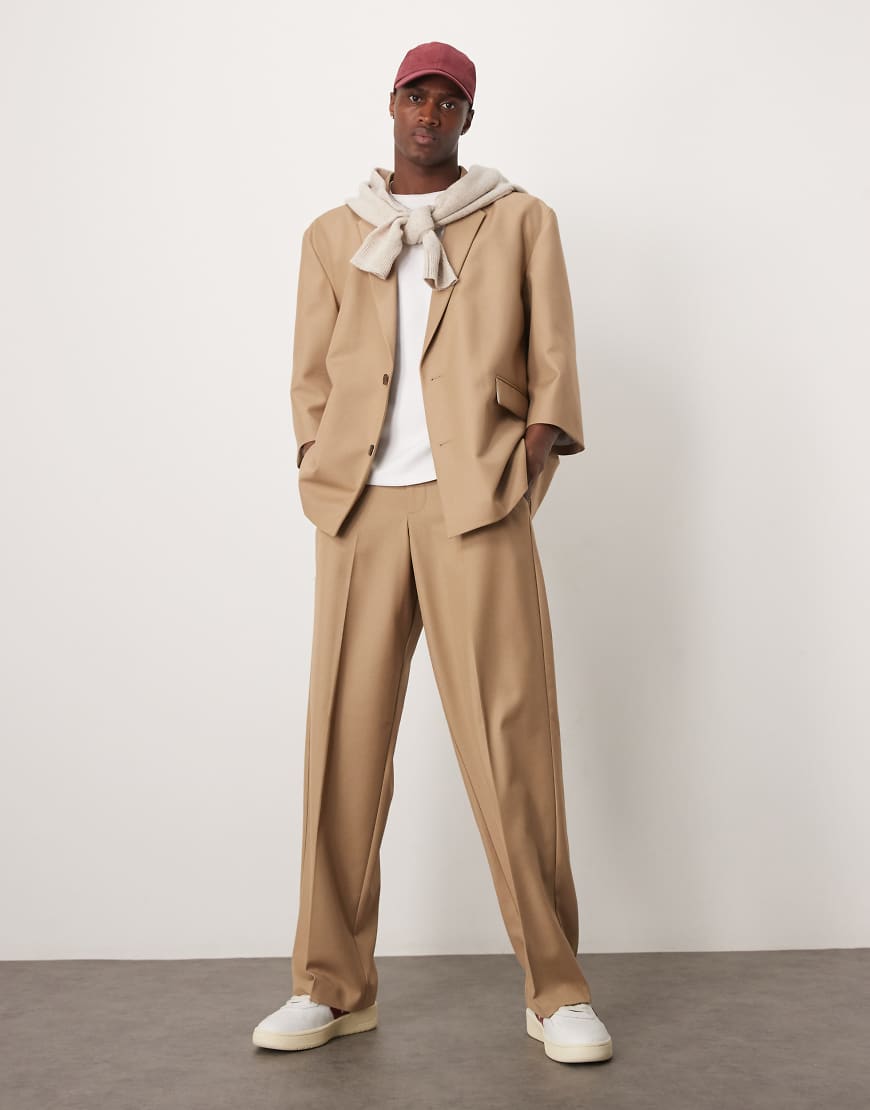 ASOS DESIGN - Weite Anzughose aus Leinenmix in Steinbeige meliert-Neutral von ASOS DESIGN