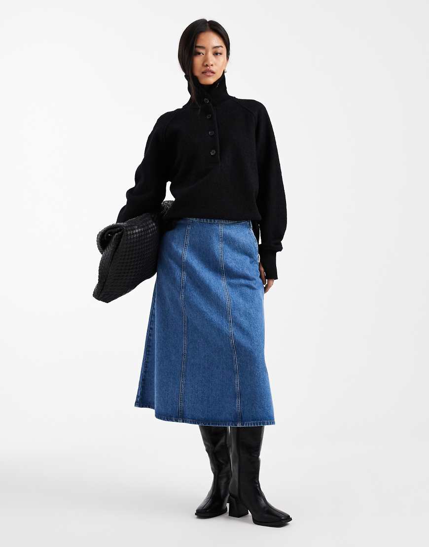 ASOS DESIGN - Weiter A-Linien-Jeansrock in Indigoblau mit Ziernaht vorne von ASOS DESIGN