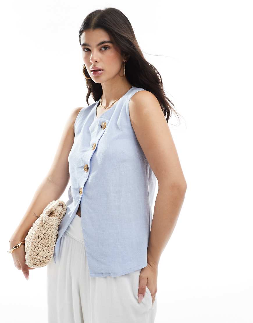 ASOS DESIGN - Weste in Blau mit Leinenoptik und asymmetrischer Knopfleiste von ASOS DESIGN