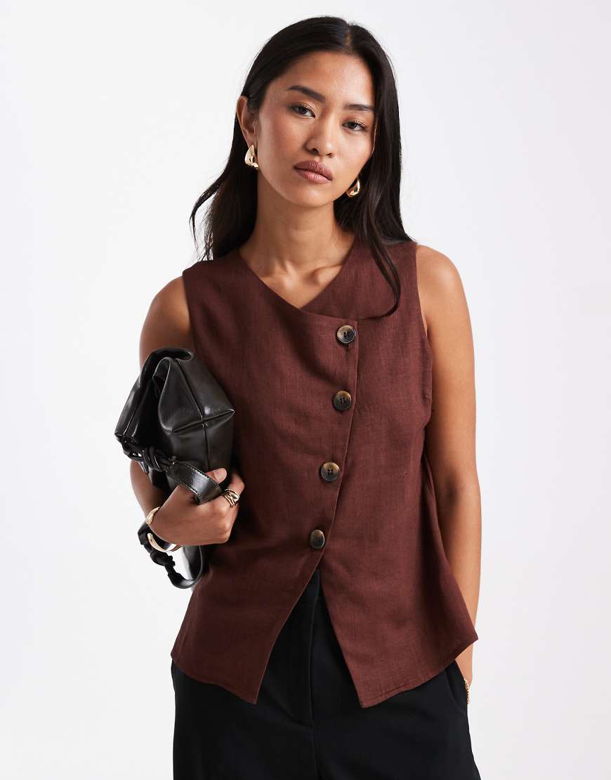 ASOS DESIGN - Weste in schokobrauner Leinenoptik mit asymmetrischer Knopfleiste-Brown von ASOS DESIGN