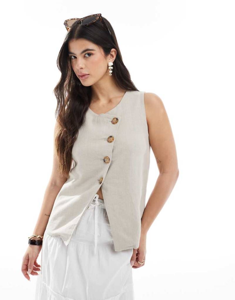 ASOS DESIGN - Weste in steinfarbener Leinenoptik mit asymmetrischer Knopfleiste-Neutral von ASOS DESIGN