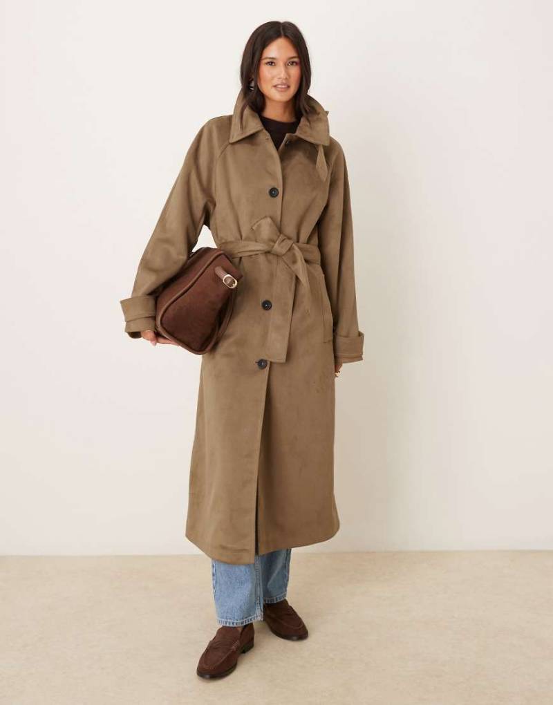 ASOS DESIGN - Wildlederimitat-Trenchcoat in Steinbeige mit Trichterkragen-Keine Farbe von ASOS DESIGN