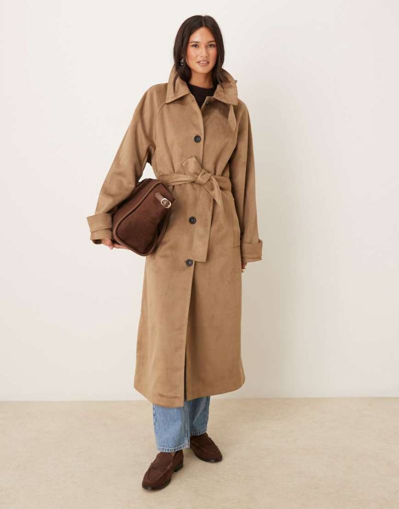 ASOS DESIGN - Wildlederimitat-Trenchcoat in Steinbeige mit Trichterkragen-Keine Farbe von ASOS DESIGN