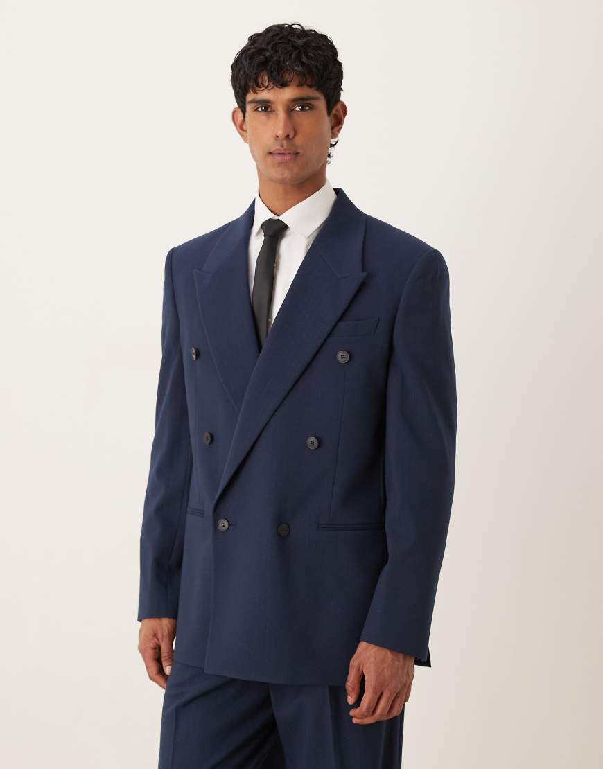 ASOS DESIGN - Zweireihige, kastige Relaxed-Fit-Anzugjacke in Marineblau mit Metallic-Nadelstreifen von ASOS DESIGN
