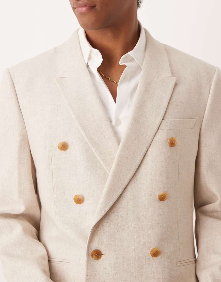 ASOS DESIGN - Zweireihige, regulär geschnittene Anzugjacke aus Leinenmix in Naturbeige-Neutral von ASOS DESIGN
