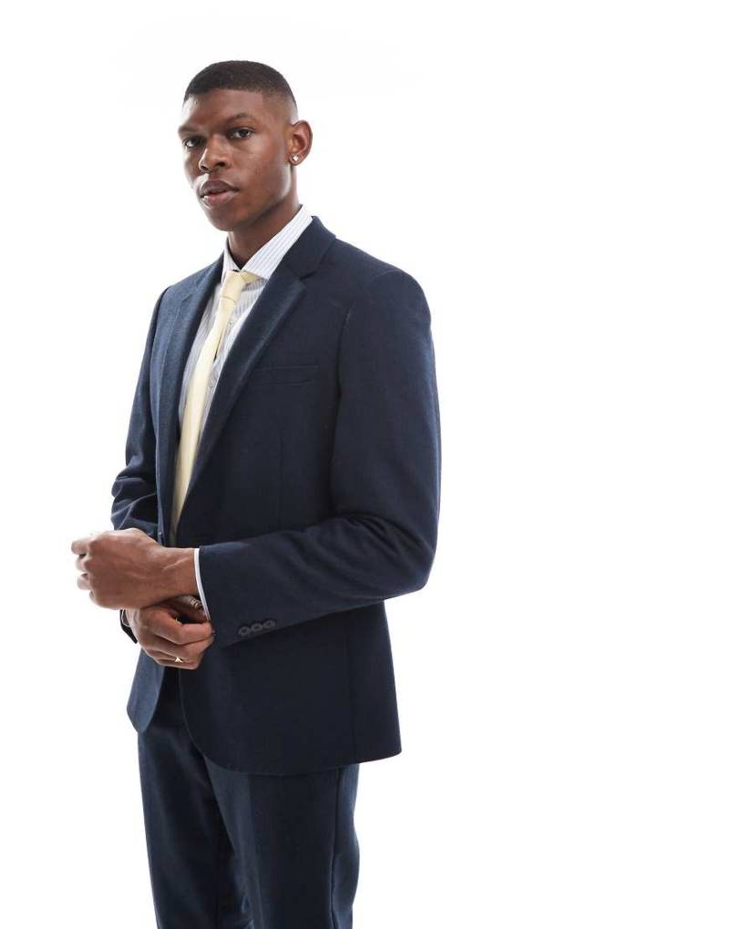 ASOS DESIGN - Zweireihige, schmal geschnittene Anzugjacke mit Wollanteil mit Gerstenkornbindung in Blau von ASOS DESIGN