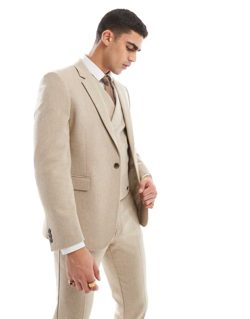 ASOS DESIGN - Zweireihige, schmal geschnittene Anzugjacke mit Wollanteil mit Gerstenkornbindung in Camel-Neutral von ASOS DESIGN