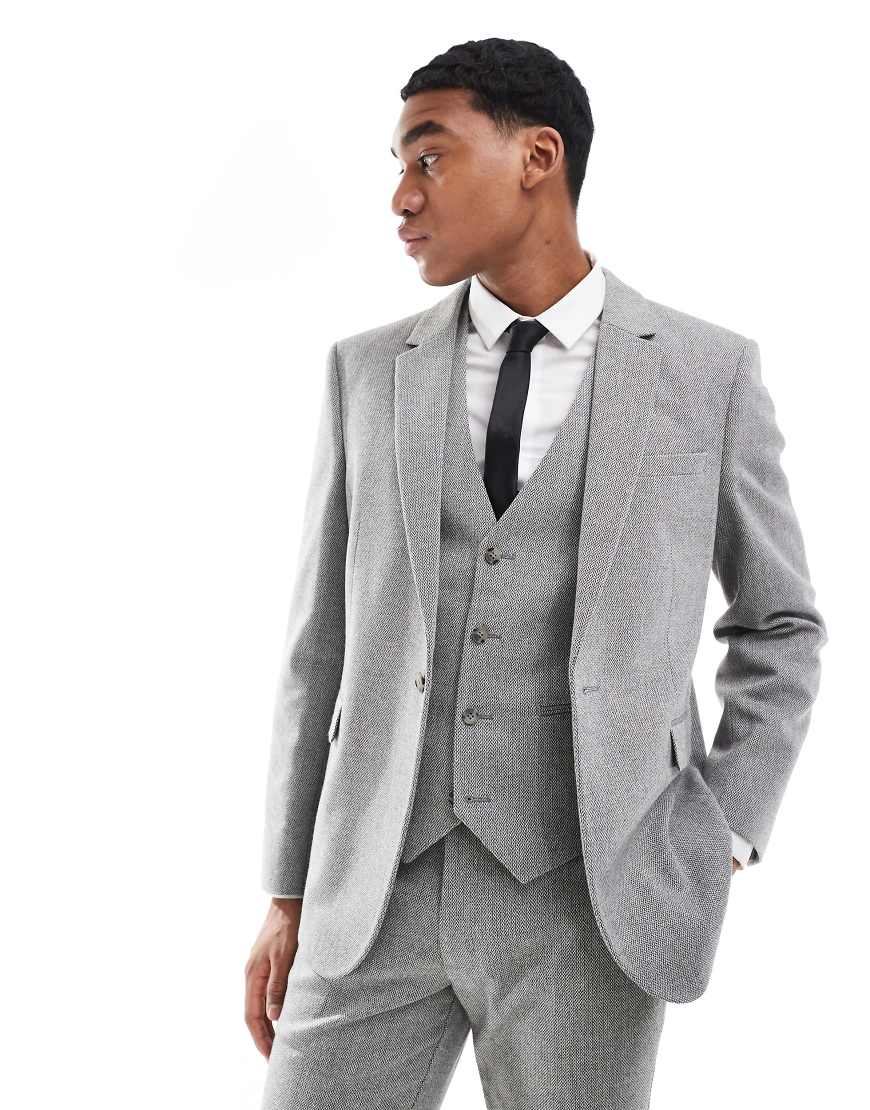 ASOS DESIGN - Zweireihige, schmal geschnittene Anzugjacke mit Wollanteil mit Gerstenkornbindung in Grau ASOS DESIGN - Zweireihige, schmal geschnittene Anzugjacke mit Wollanteil mit Gerstenkornbindung in Grau von ASOS DESIGN