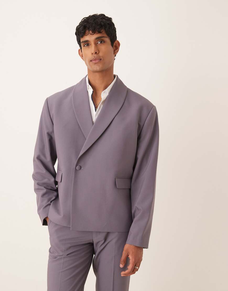 ASOS DESIGN - Zweireihige Anzug-Smokingjacke in Lila mit kastigem Schnitt und Wickeldesign-Grau von ASOS DESIGN