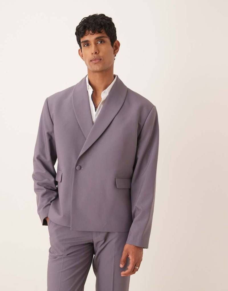 ASOS DESIGN - Zweireihige Anzug-Smokingjacke in Lila mit kastigem Schnitt und Wickeldesign-Grau von ASOS DESIGN
