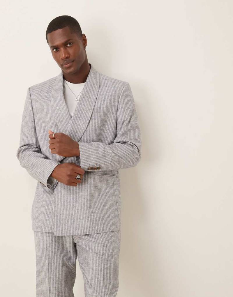 ASOS DESIGN - Zweireihige Anzugjacke aus Leinenmix in Blau gestreift mit regulärer Passform von ASOS DESIGN