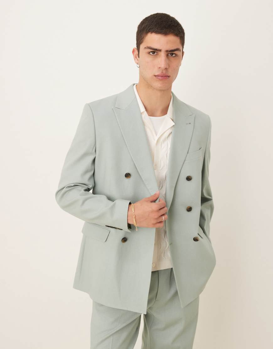 ASOS DESIGN - Zweireihige Anzugjacke aus Leinenmix in Grün mit regulärer Passform ASOS DESIGN - Zweireihige Anzugjacke aus Leinenmix in Grün mit regulärer Passform von ASOS DESIGN