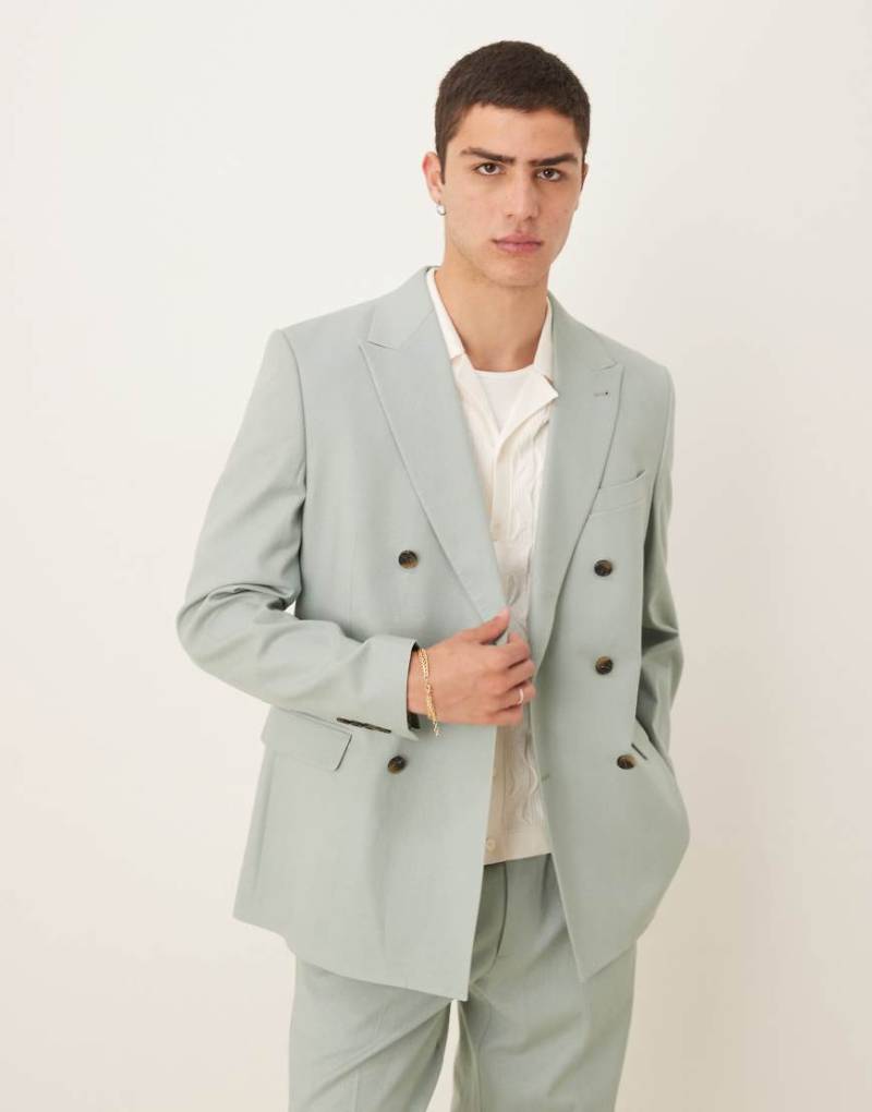 ASOS DESIGN - Zweireihige Anzugjacke aus Leinenmix in Grün mit regulärer Passform von ASOS DESIGN