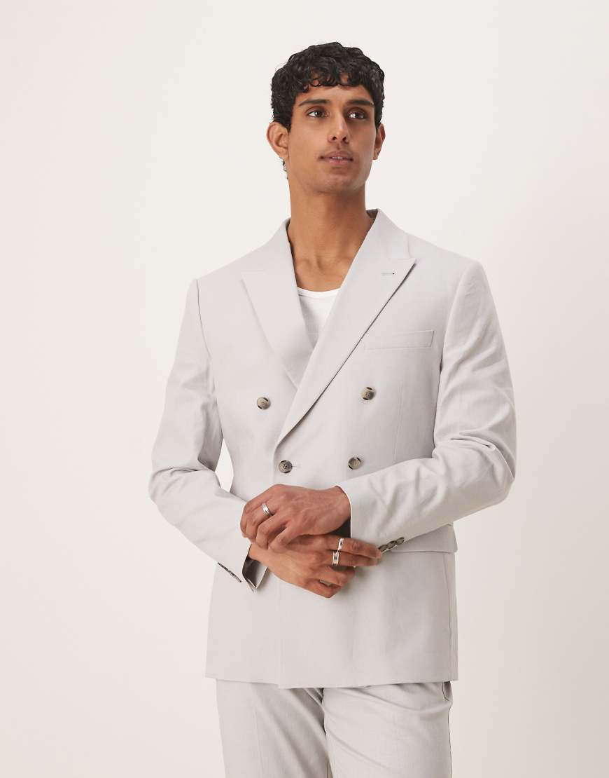 ASOS DESIGN - Zweireihige Anzugjacke aus Leinenmix in Kieselgrau mit regulärer Passform ASOS DESIGN - Zweireihige Anzugjacke aus Leinenmix in Kieselgrau mit regulärer Passform von ASOS DESIGN