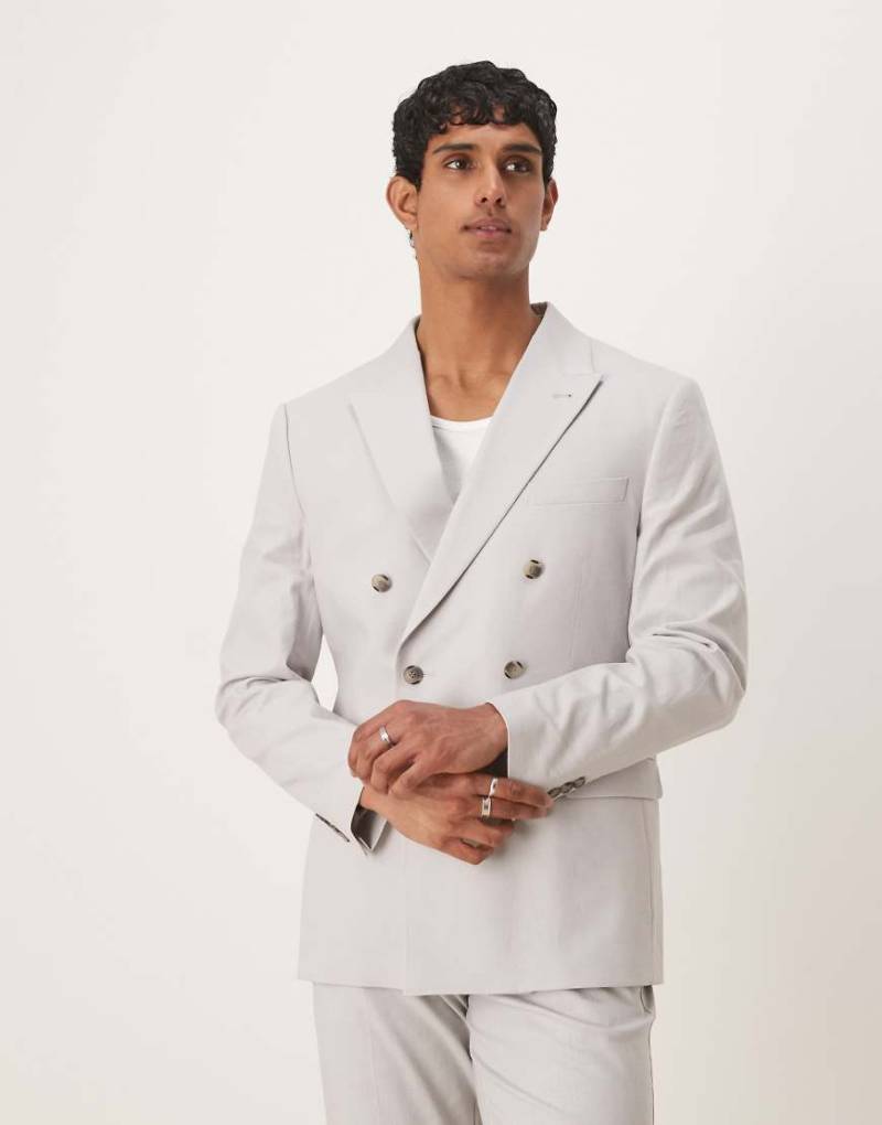 ASOS DESIGN - Zweireihige Anzugjacke aus Leinenmix in Kieselgrau mit regulärer Passform von ASOS DESIGN
