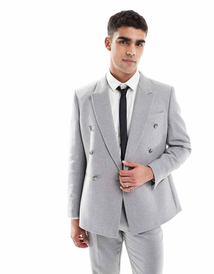 ASOS DESIGN - Zweireihige Anzugjacke aus Wollmix in Grau mit normaler Passform und Panamabindung ASOS DESIGN - Zweireihige Anzugjacke aus Wollmix in Grau mit normaler Passform und Panamabindung von ASOS DESIGN