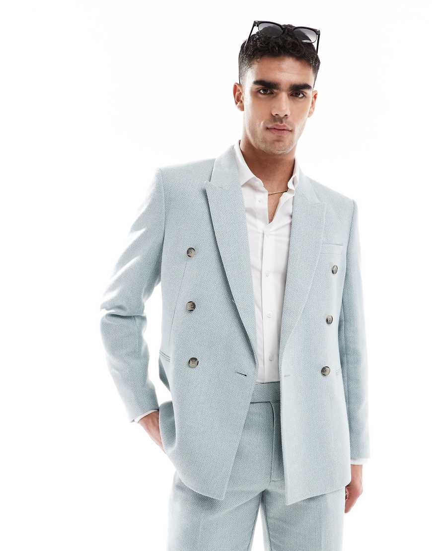 ASOS DESIGN - Zweireihige Anzugjacke aus Wollmix in Hellblau mit normaler Passform und Panamabindung von ASOS DESIGN
