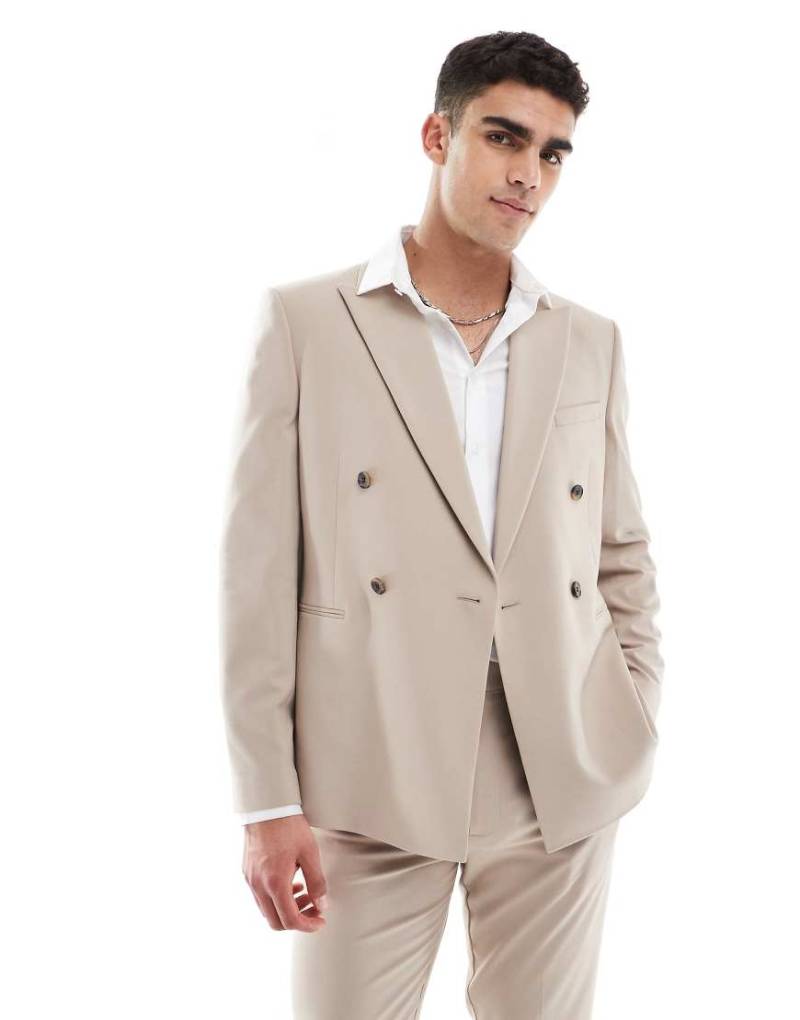 ASOS DESIGN - Zweireihige Anzugjacke in Beige mit schmalem Schnitt-Neutral von ASOS DESIGN