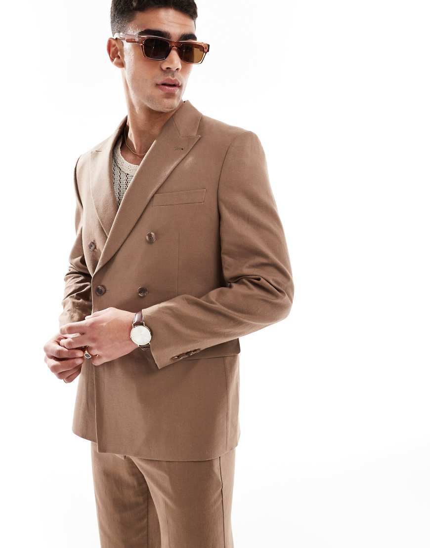 ASOS DESIGN - Regulär geschnittene, zweireihige Anzugjacke aus Leinenmix in Braun ASOS DESIGN - Regulär geschnittene, zweireihige Anzugjacke aus Leinenmix in Braun von ASOS DESIGN