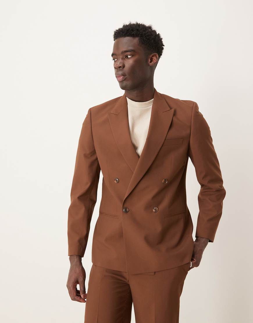 ASOS DESIGN - Zweireihige Anzugjacke in Braun mit schmalem Schnitt von ASOS DESIGN